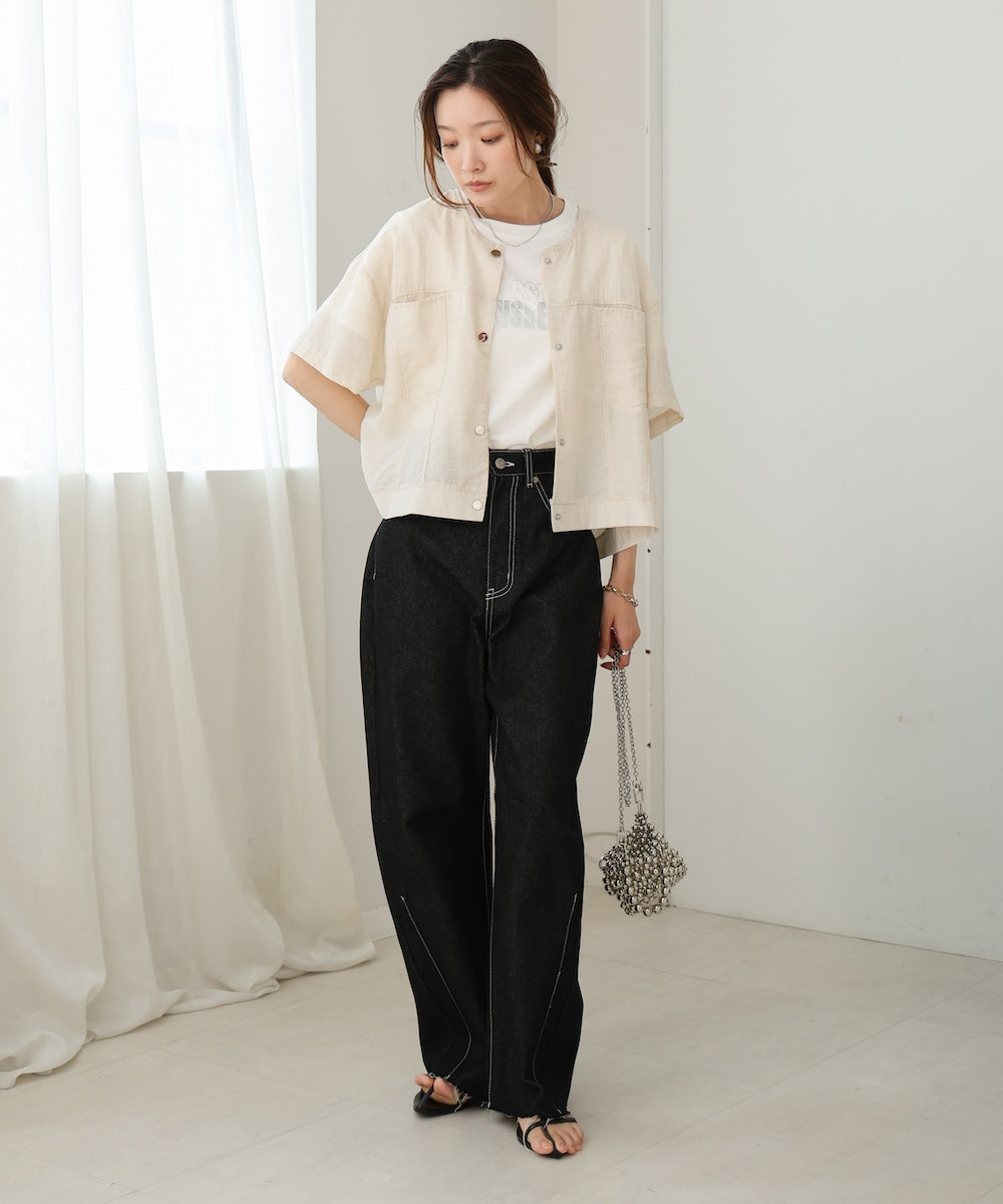 コットンリネンノーカラージャケット