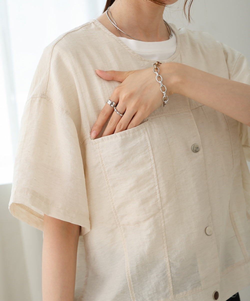コットンリネンノーカラージャケット