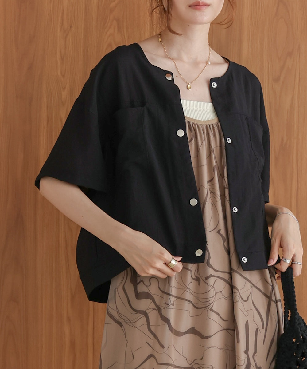 コットンリネンノーカラージャケット