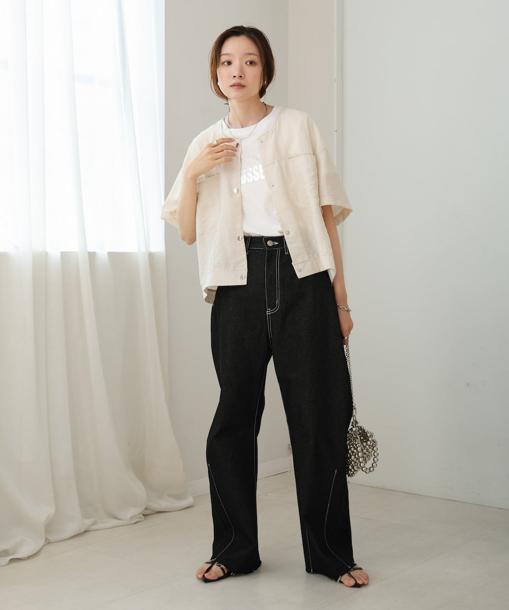 コットンリネンノーカラージャケット