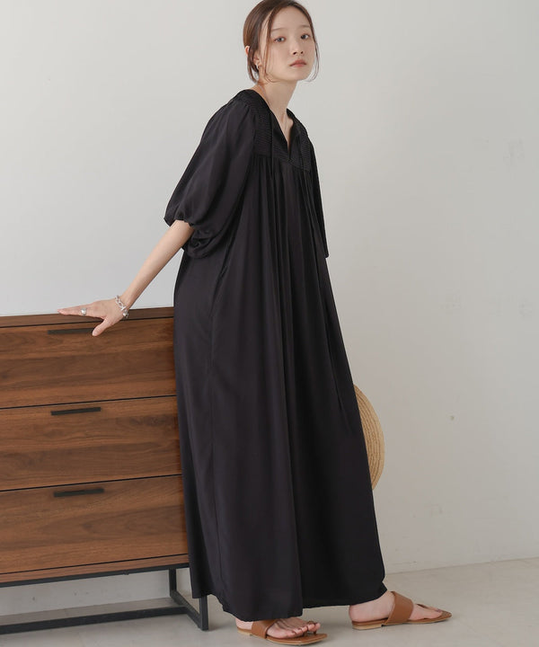 balloon sleeve front ribbon dress