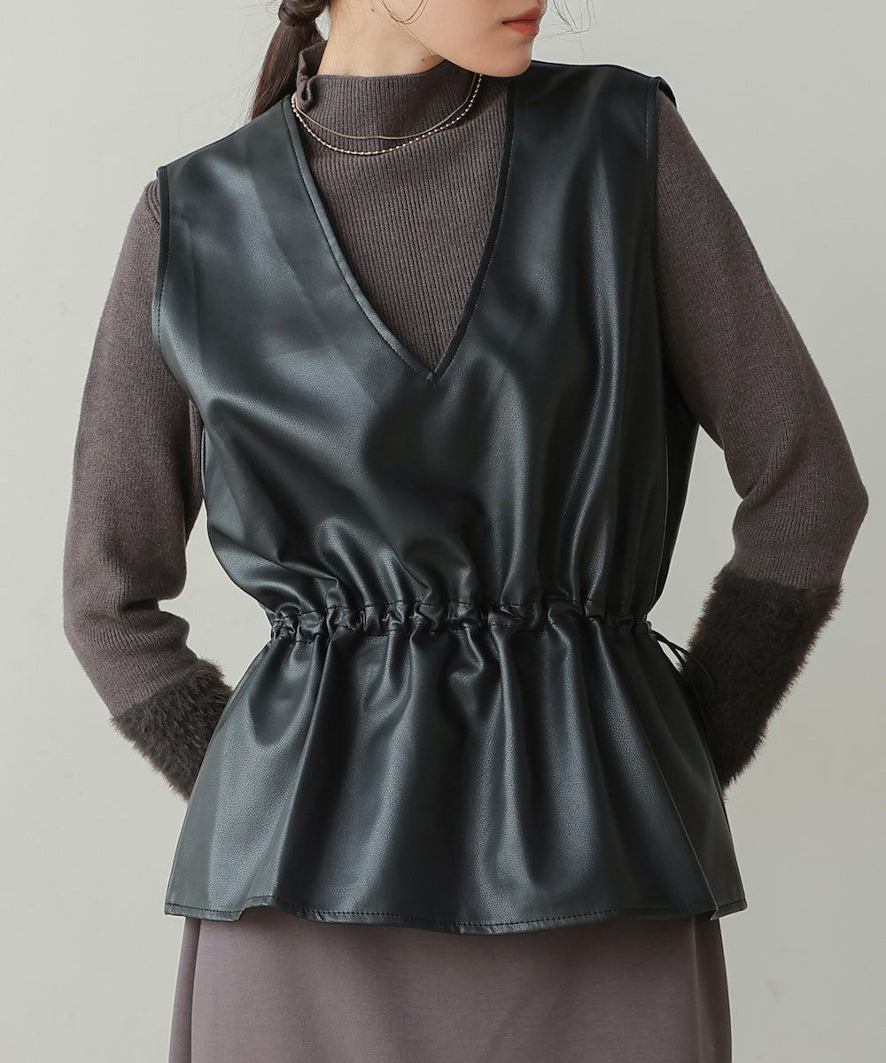 ペプラムドロスト合皮ギャザーベスト