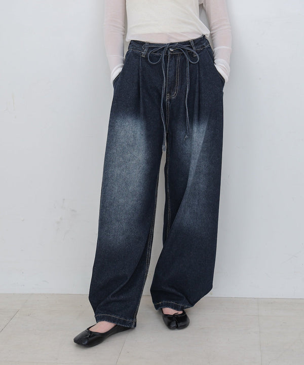 【M・Lサイズ展開】ウエストデザイン　ルーズデニムパンツ