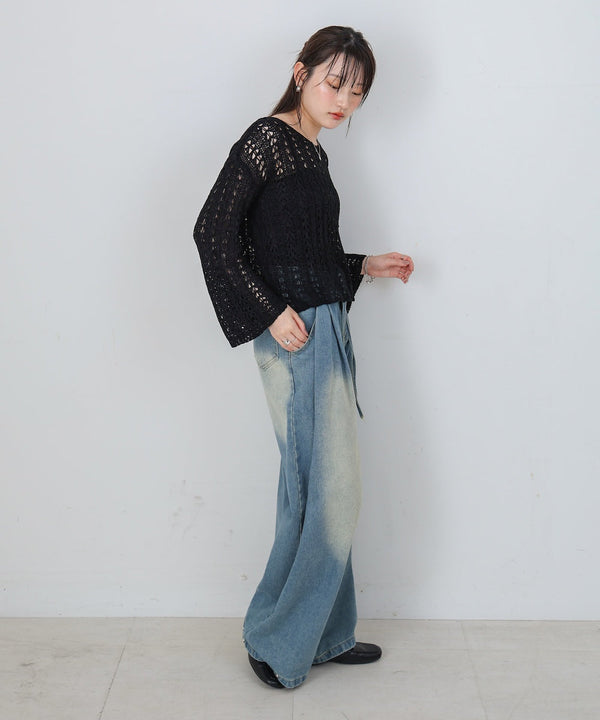 【M・Lサイズ展開】ウエストデザイン　ルーズデニムパンツ