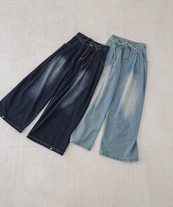 【M・Lサイズ展開】ウエストデザイン　ルーズデニムパンツ