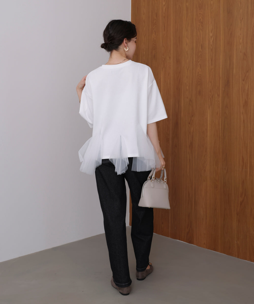 りりさん専用　刺繍入りベージュ五分袖チュニック 裾チュール五分袖チュニック