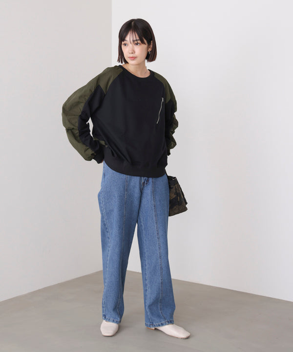 袖ギャザー異素材プルオーバー［10/9発送予定］