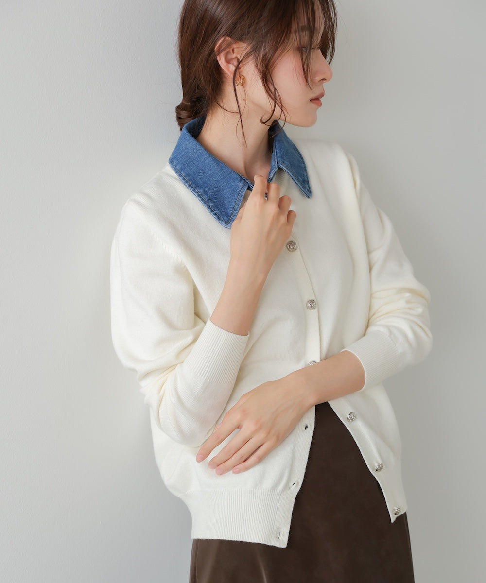衿デニムドッキングニットカーディガン