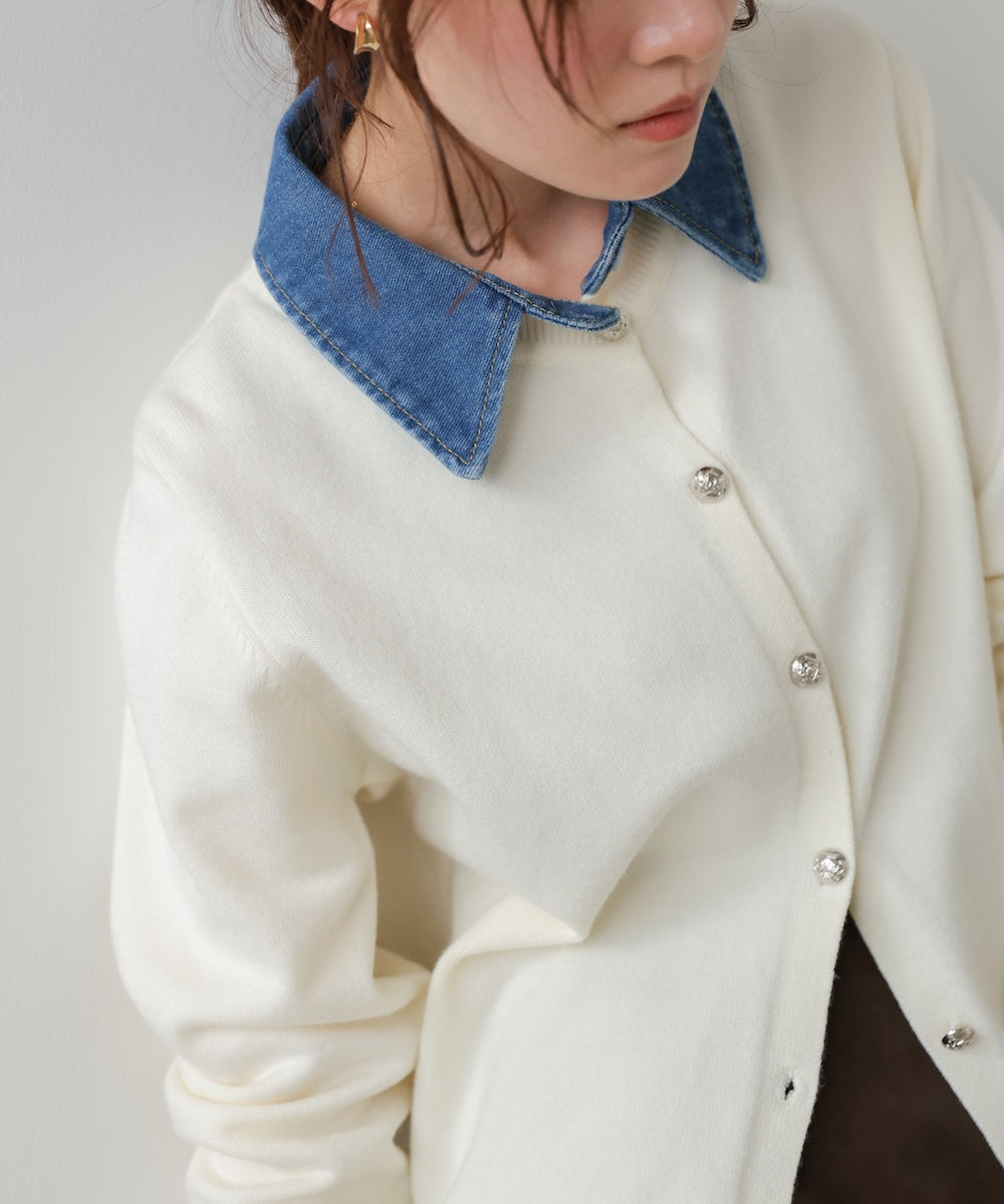 衿デニムドッキングニットカーディガン