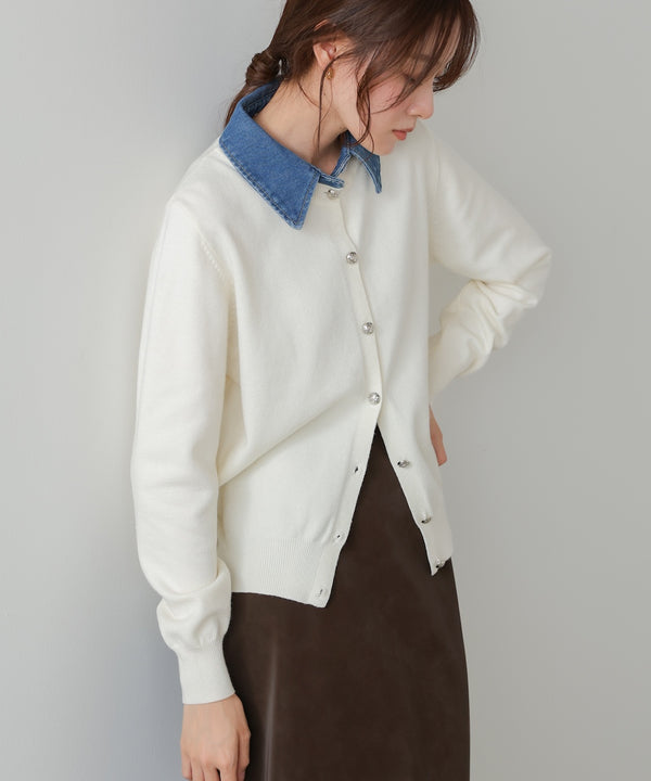 衿デニムドッキングニットカーディガン