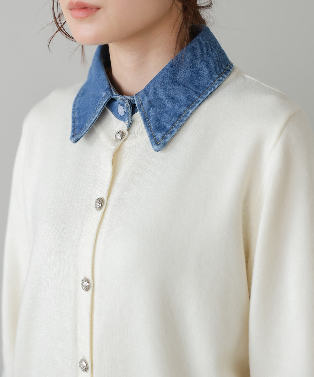 衿デニムドッキングニットカーディガン