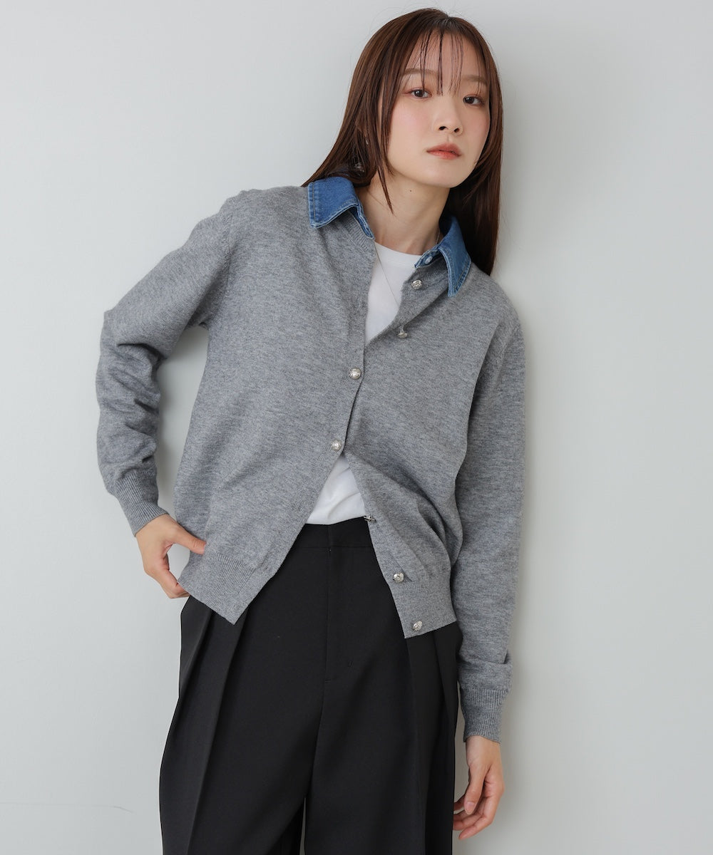 衿デニムドッキングニットカーディガン