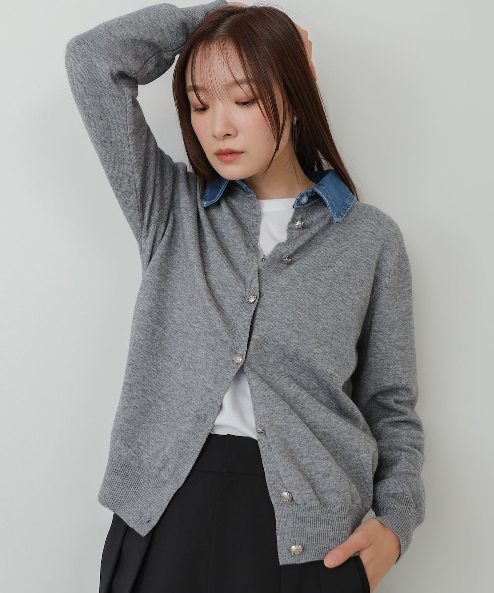 衿デニムドッキングニットカーディガン