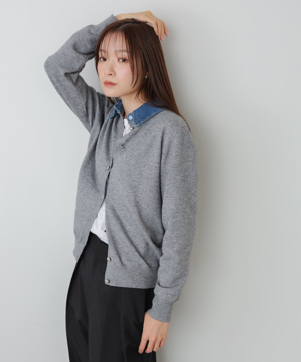 衿デニムドッキングニットカーディガン