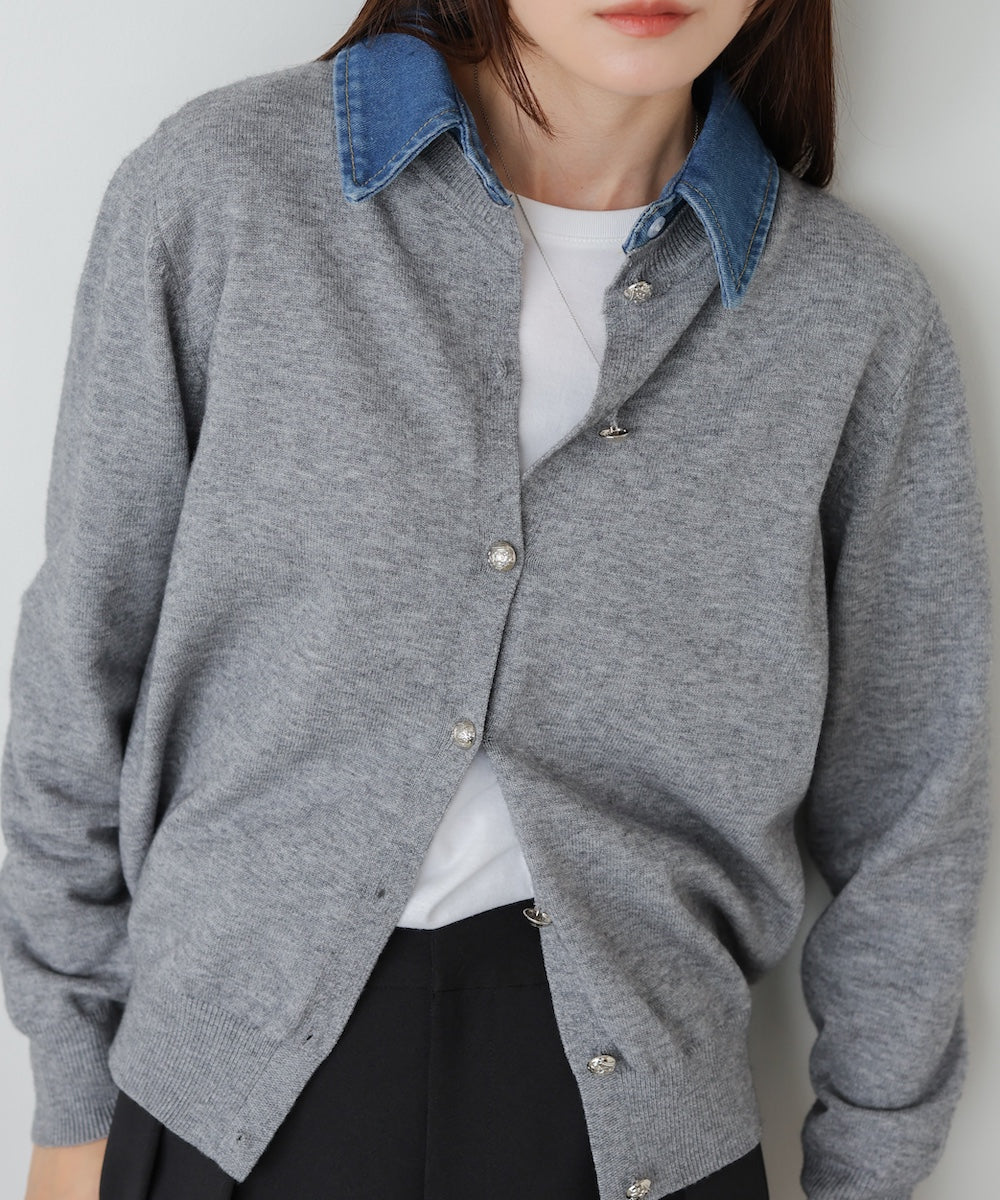 衿デニムドッキングニットカーディガン