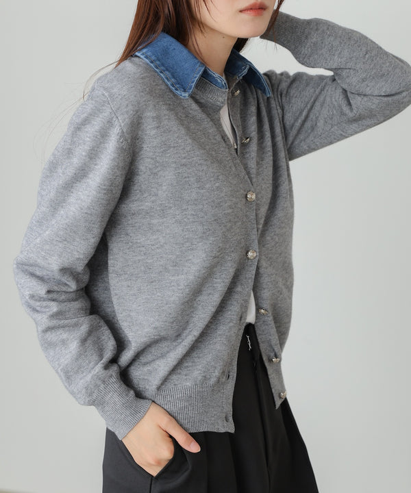 衿デニムドッキングニットカーディガン