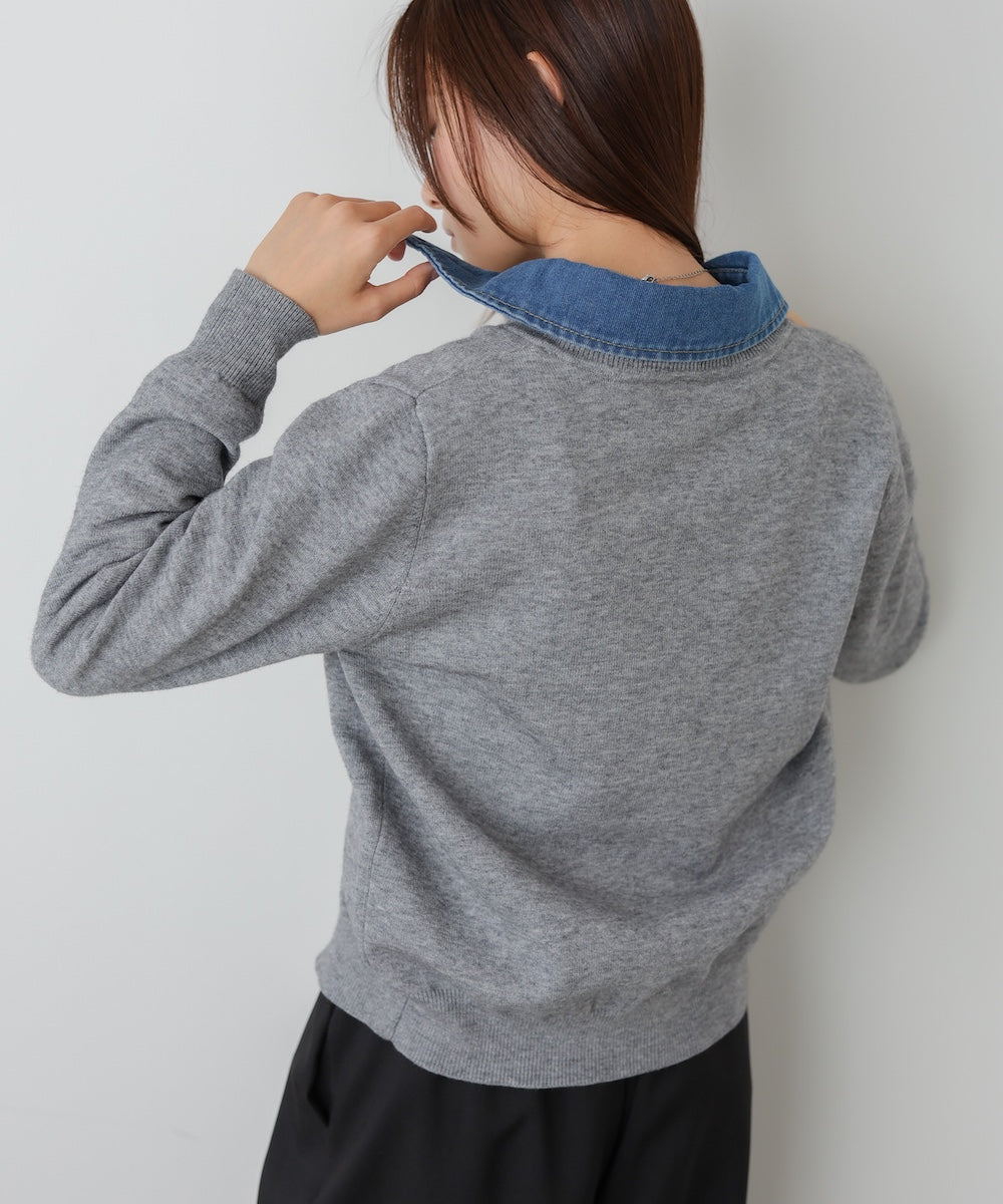 衿デニムドッキングニットカーディガン