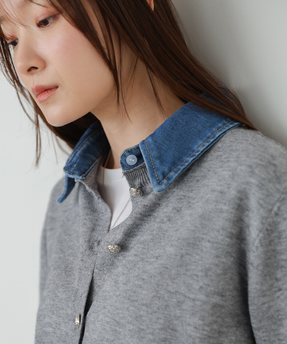 衿デニムドッキングニットカーディガン