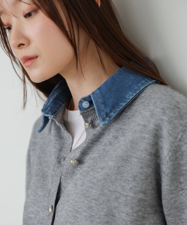 衿デニムドッキングニットカーディガン