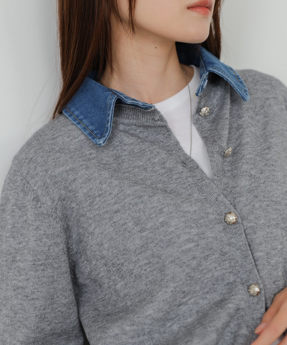 衿デニムドッキングニットカーディガン