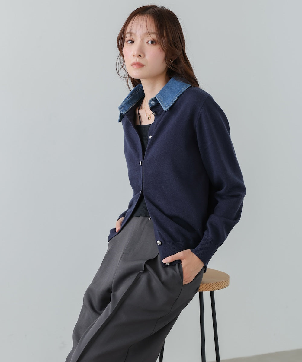 衿デニムドッキングニットカーディガン