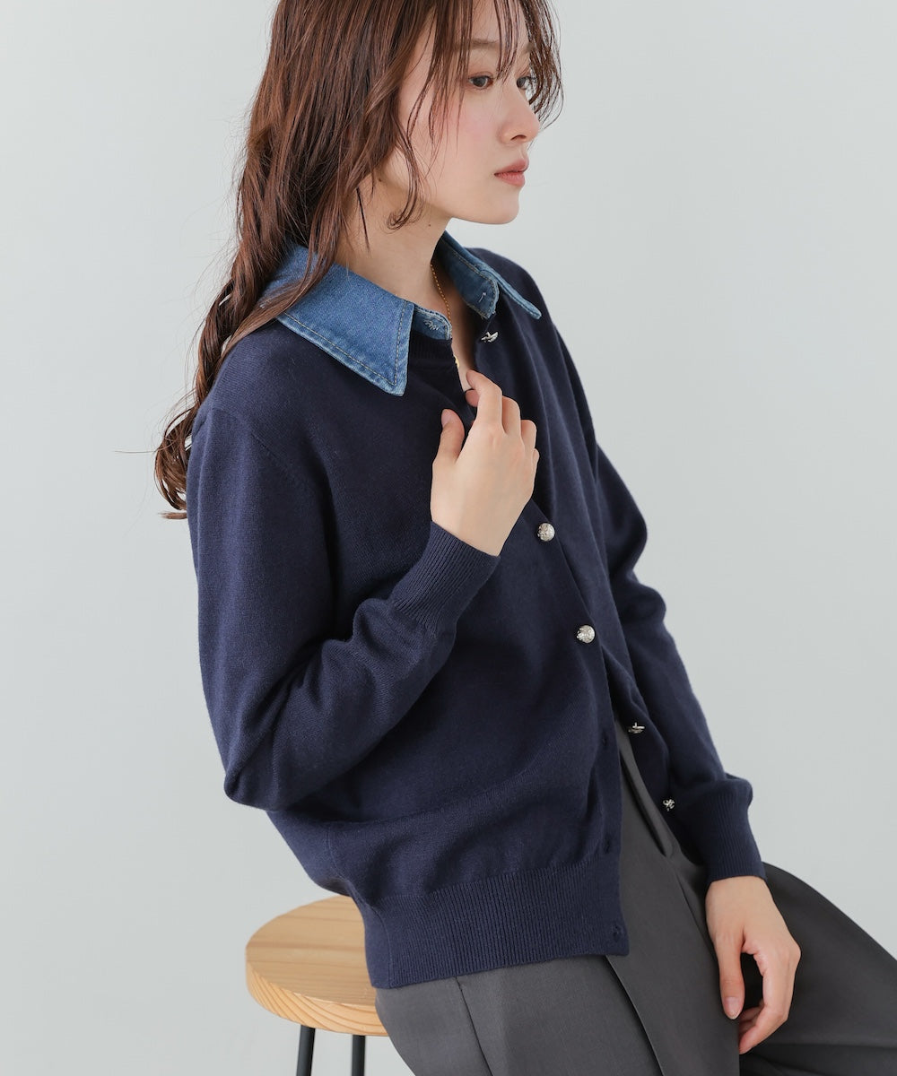 衿デニムドッキングニットカーディガン