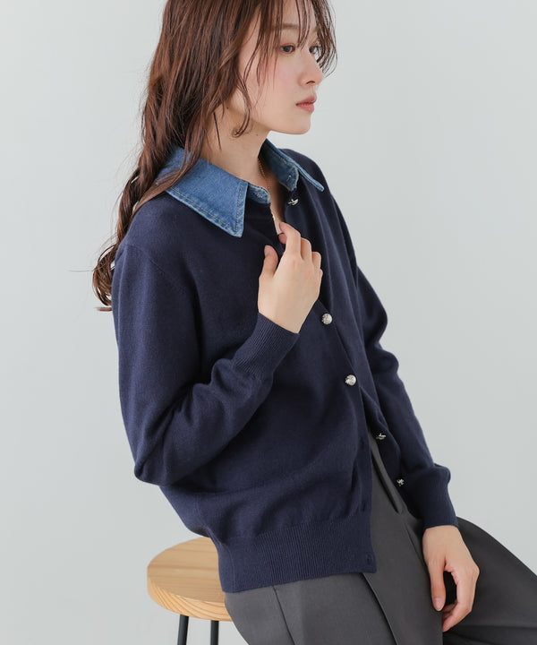 衿デニムドッキングニットカーディガン