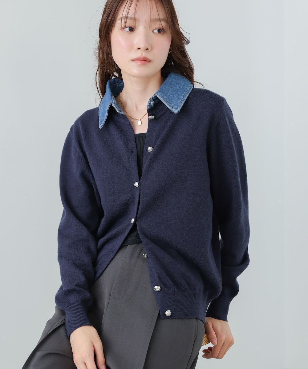 衿デニムドッキングニットカーディガン
