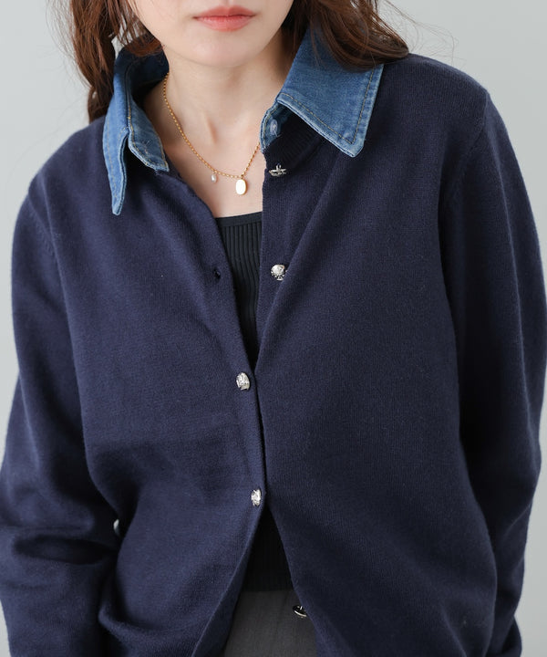 衿デニムドッキングニットカーディガン