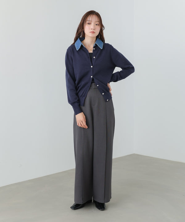 衿デニムドッキングニットカーディガン