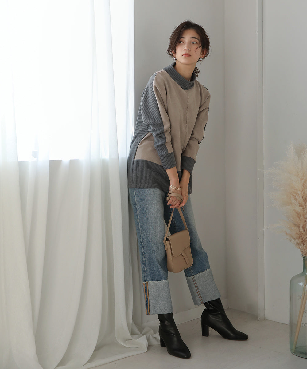 BouJeloud スエードｘモックネックトップス
