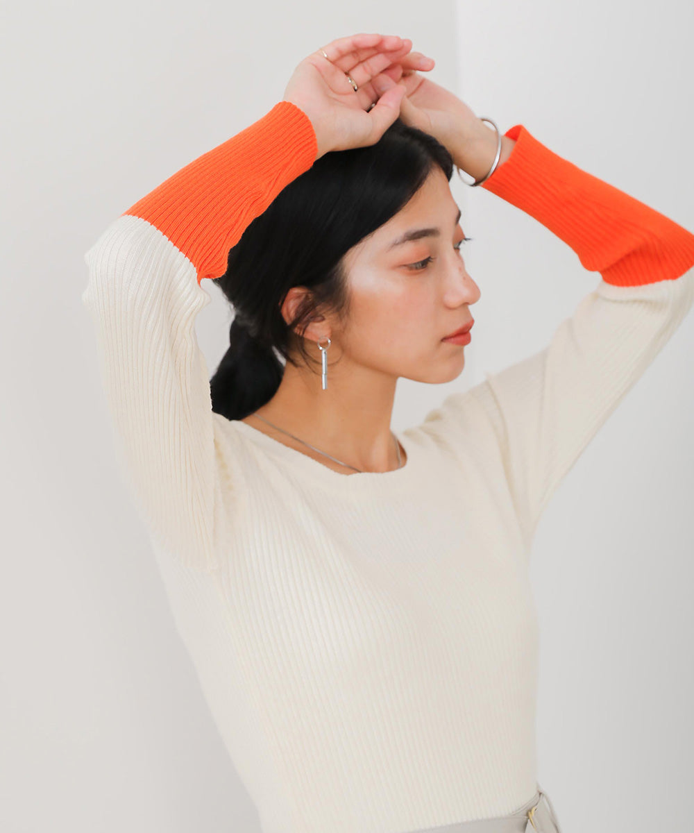 [WEB限定]バイカラースリーブリブニットプルオーバー