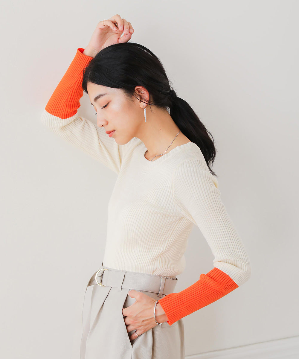 [WEB限定]バイカラースリーブリブニットプルオーバー