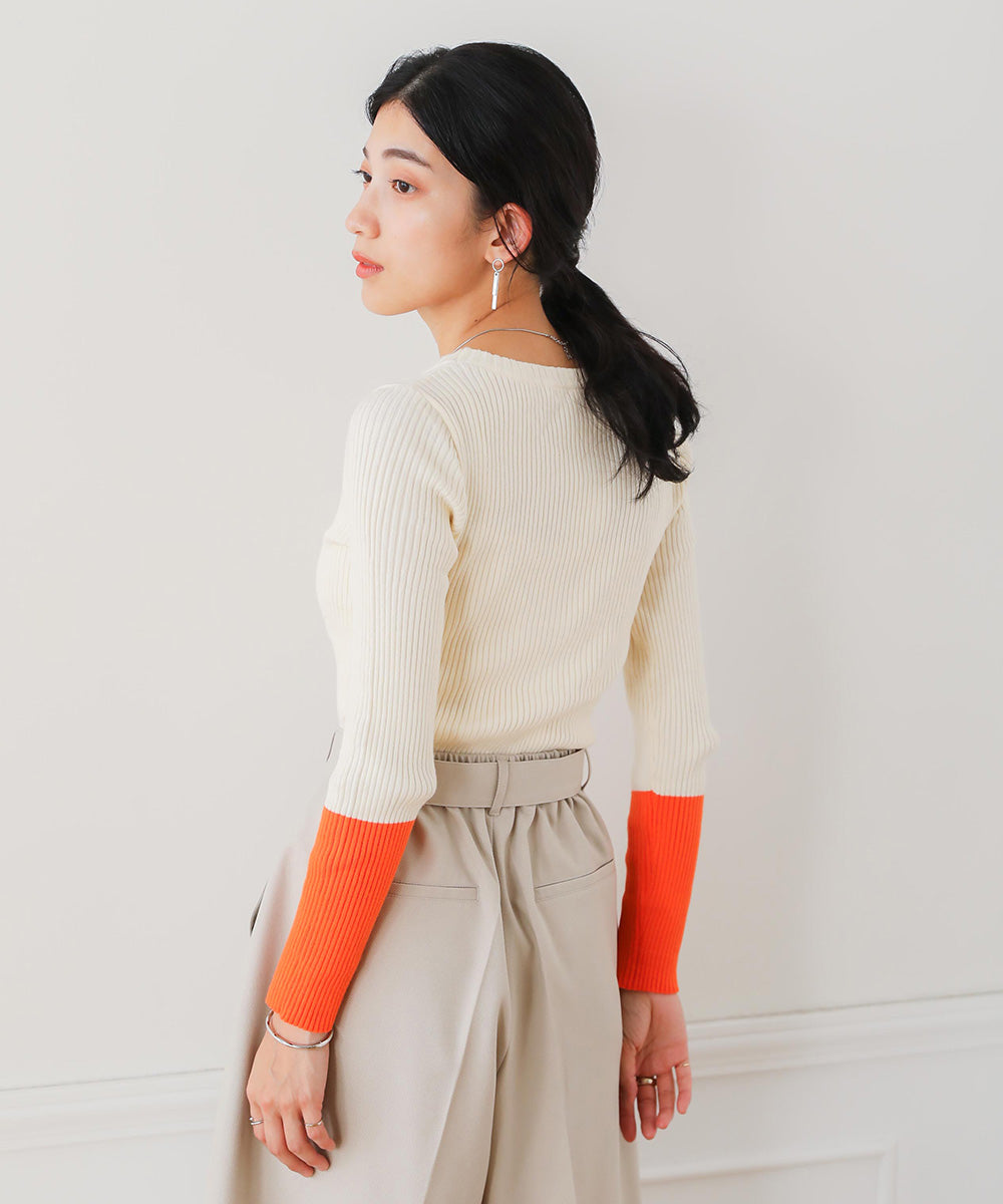 [WEB限定]バイカラースリーブリブニットプルオーバー