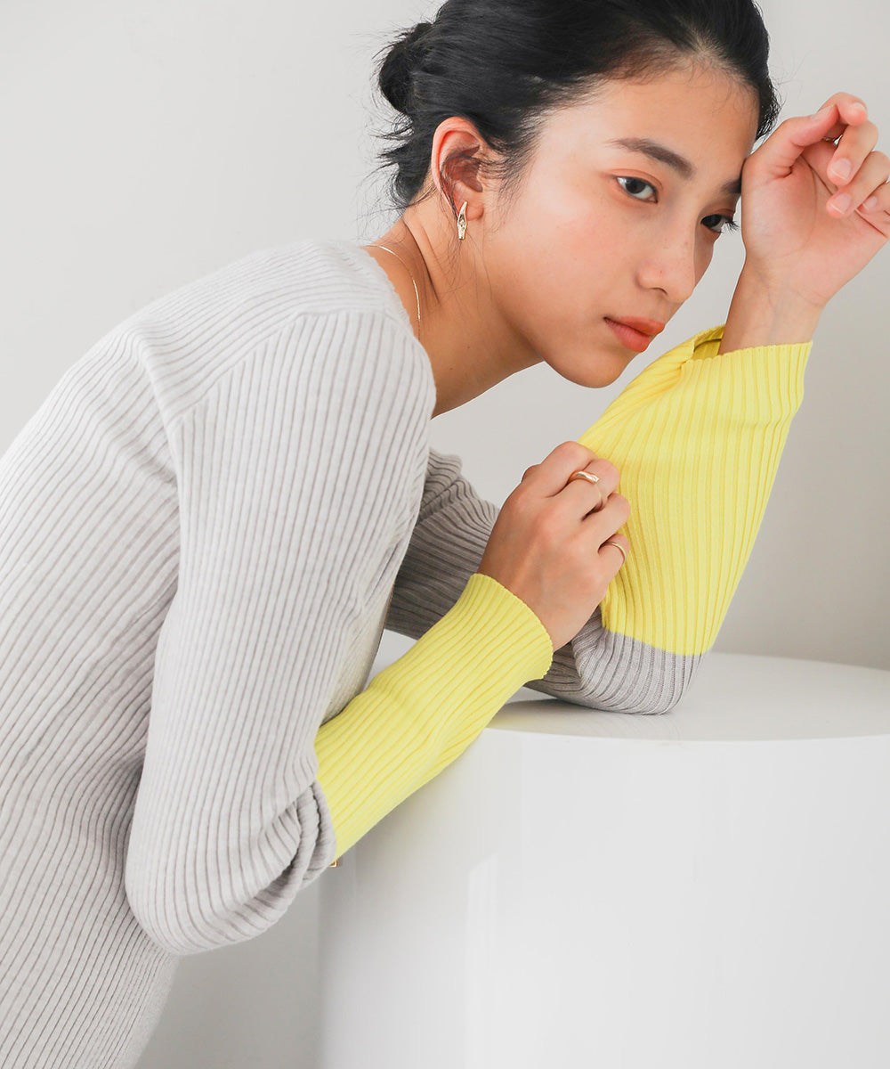 [WEB限定]バイカラースリーブリブニットプルオーバー