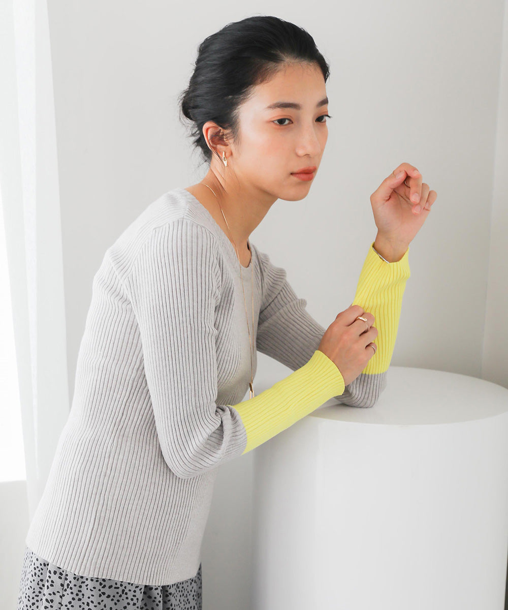 [WEB限定]バイカラースリーブリブニットプルオーバー