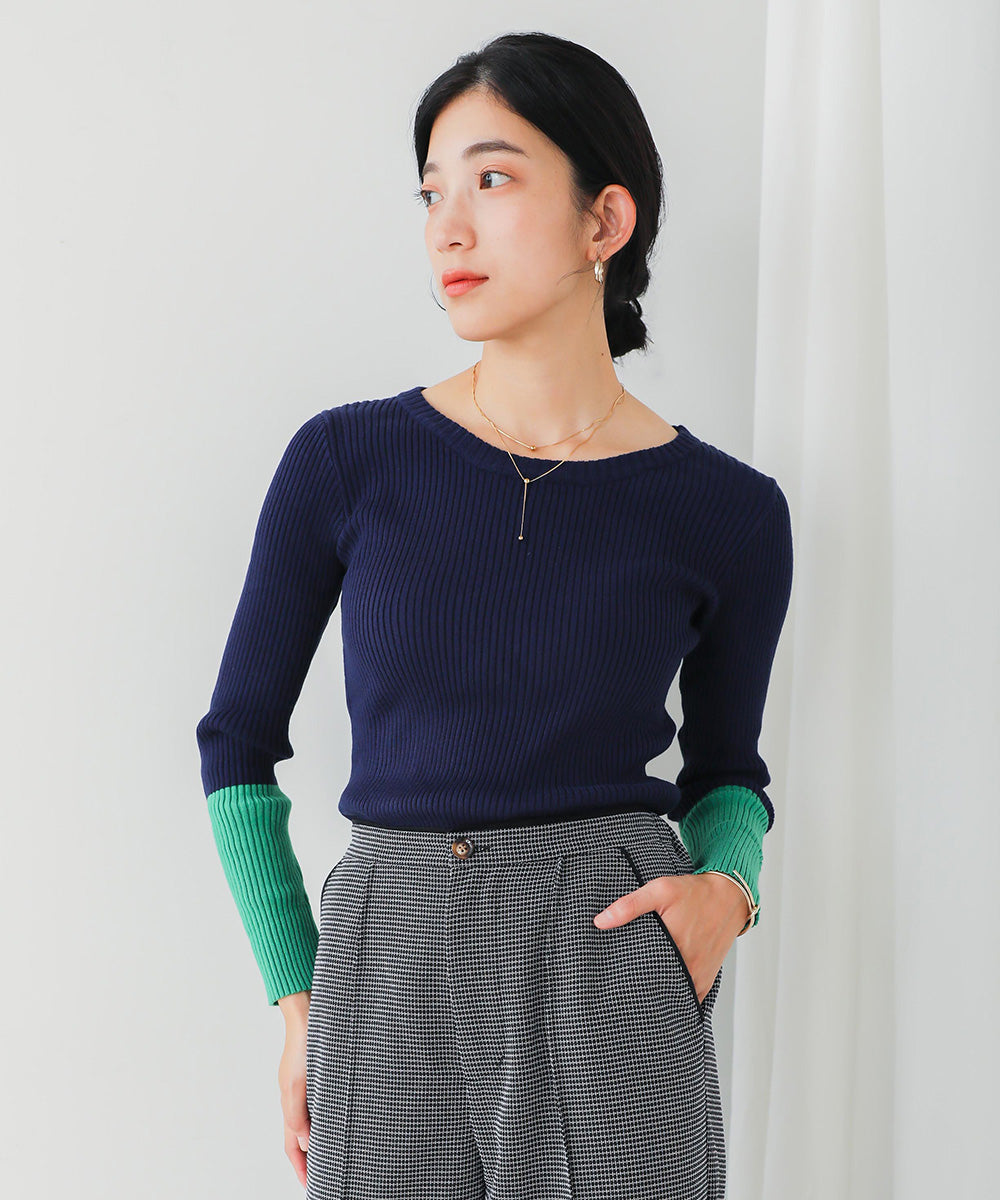 [WEB限定]バイカラースリーブリブニットプルオーバー