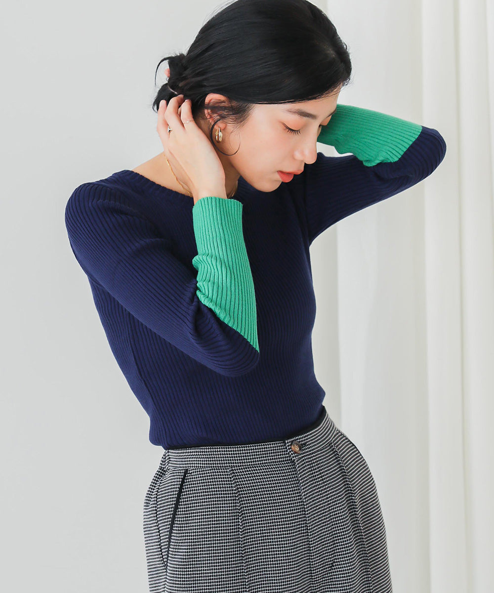 [WEB限定]バイカラースリーブリブニットプルオーバー