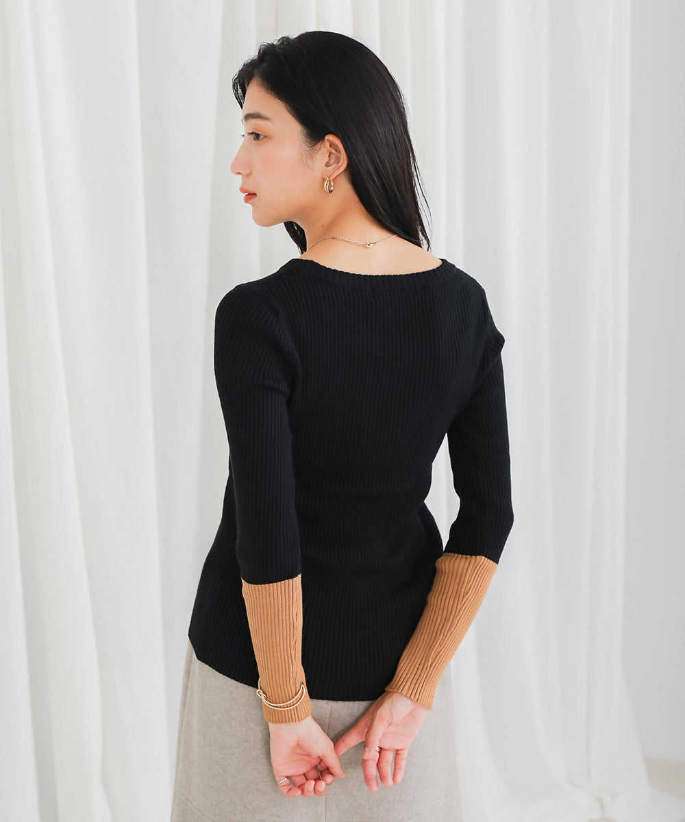 [WEB限定]バイカラースリーブリブニットプルオーバー
