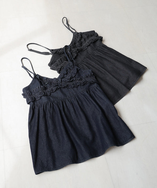 denim ruffle cami tops