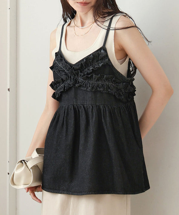 denim ruffle cami tops
