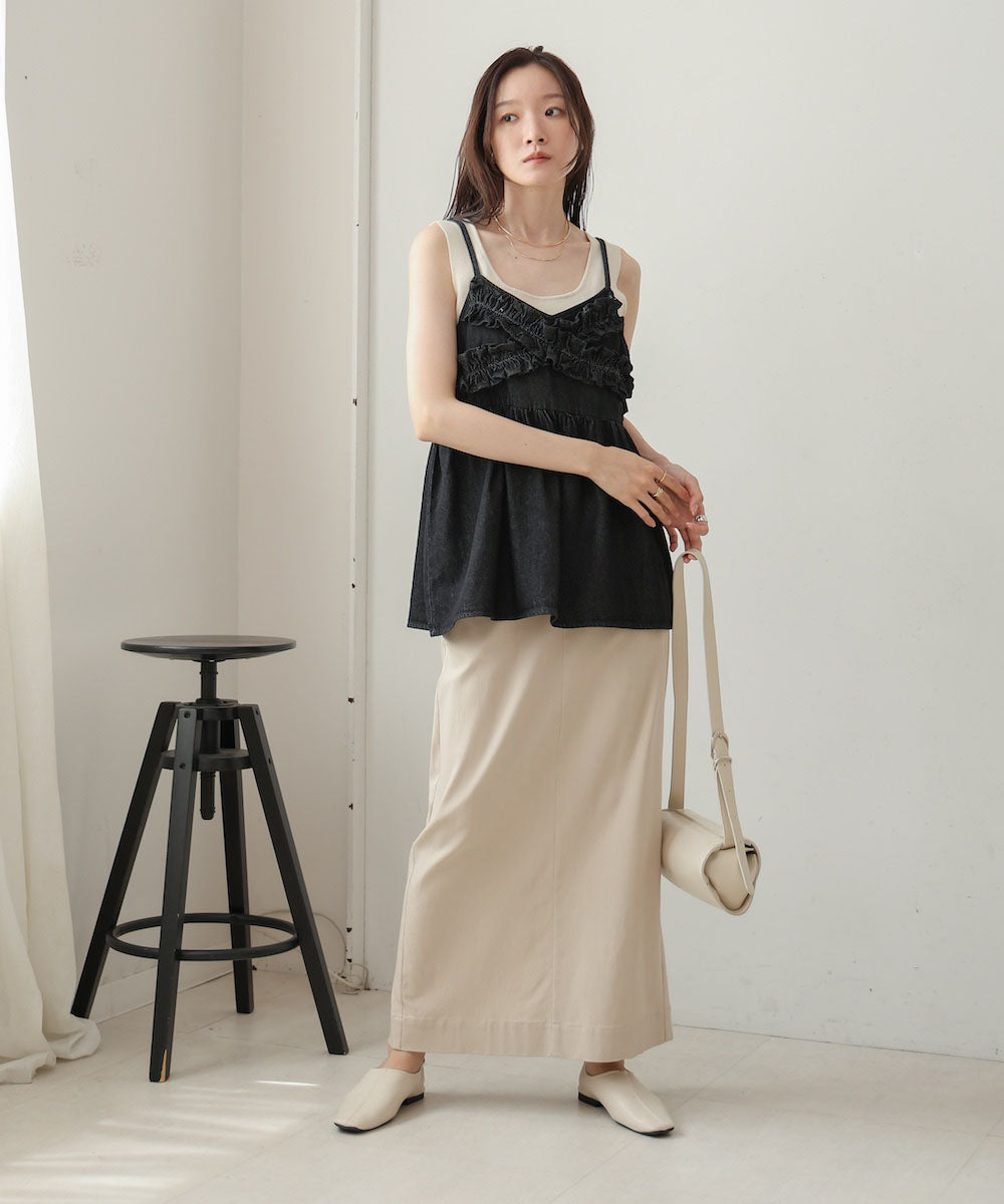 denim ruffle cami tops