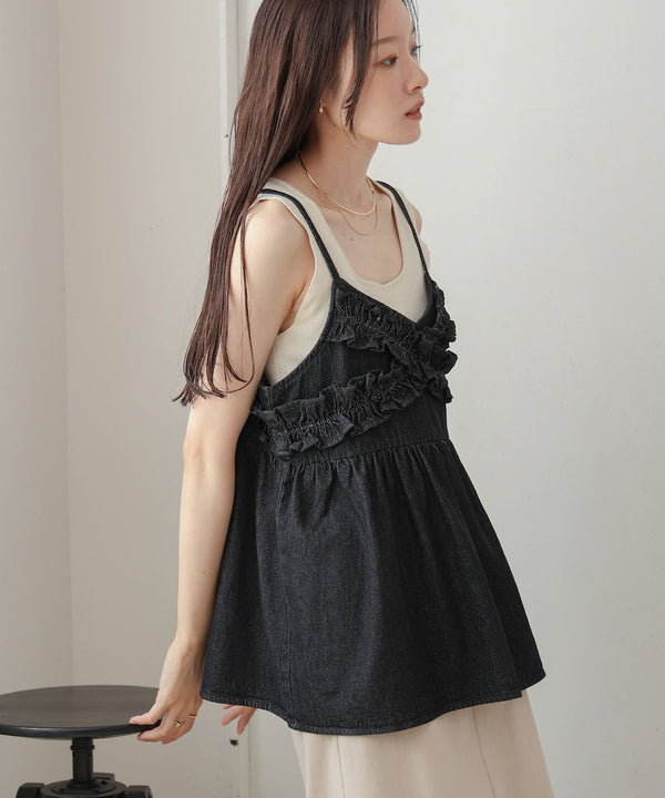 denim ruffle cami tops