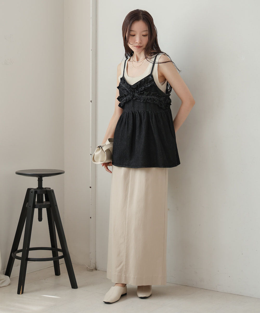 denim ruffle cami tops