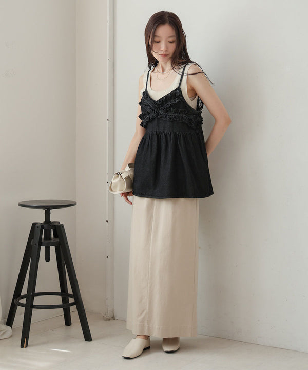 denim ruffle cami tops