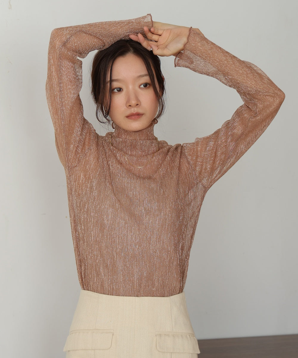 プリーツシアーハイネックトップス
