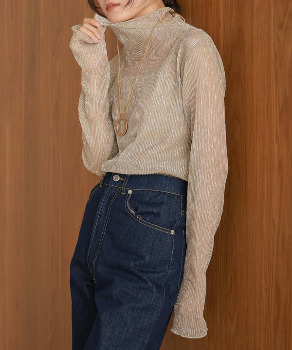 プリーツシアーハイネックトップス