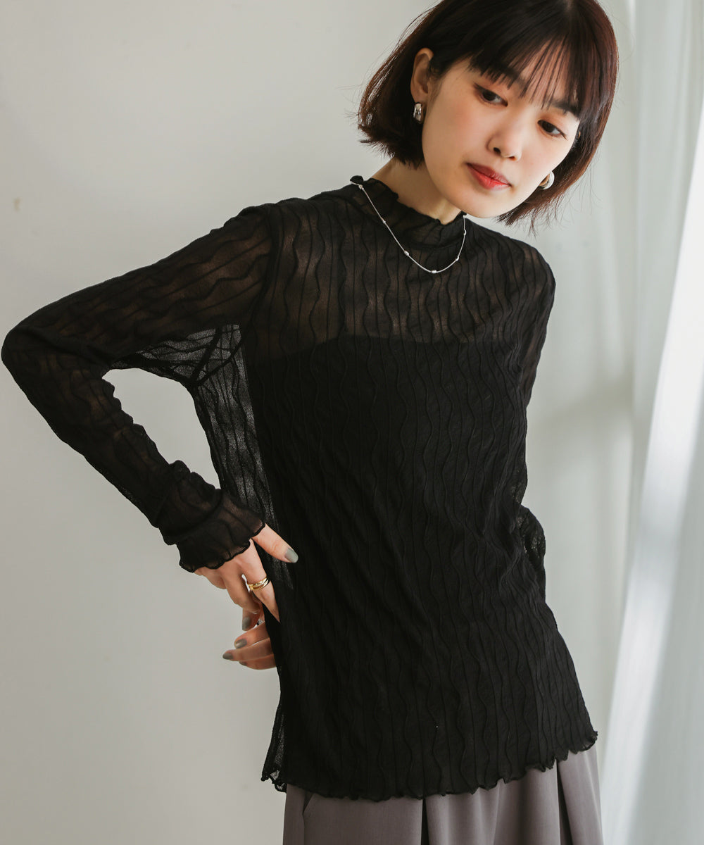 ウェーブ柄シアーハイネック長袖トップス