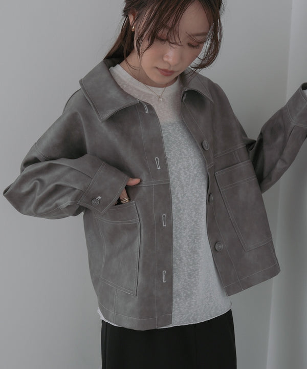 ムラ合皮配色ステッチジャケット