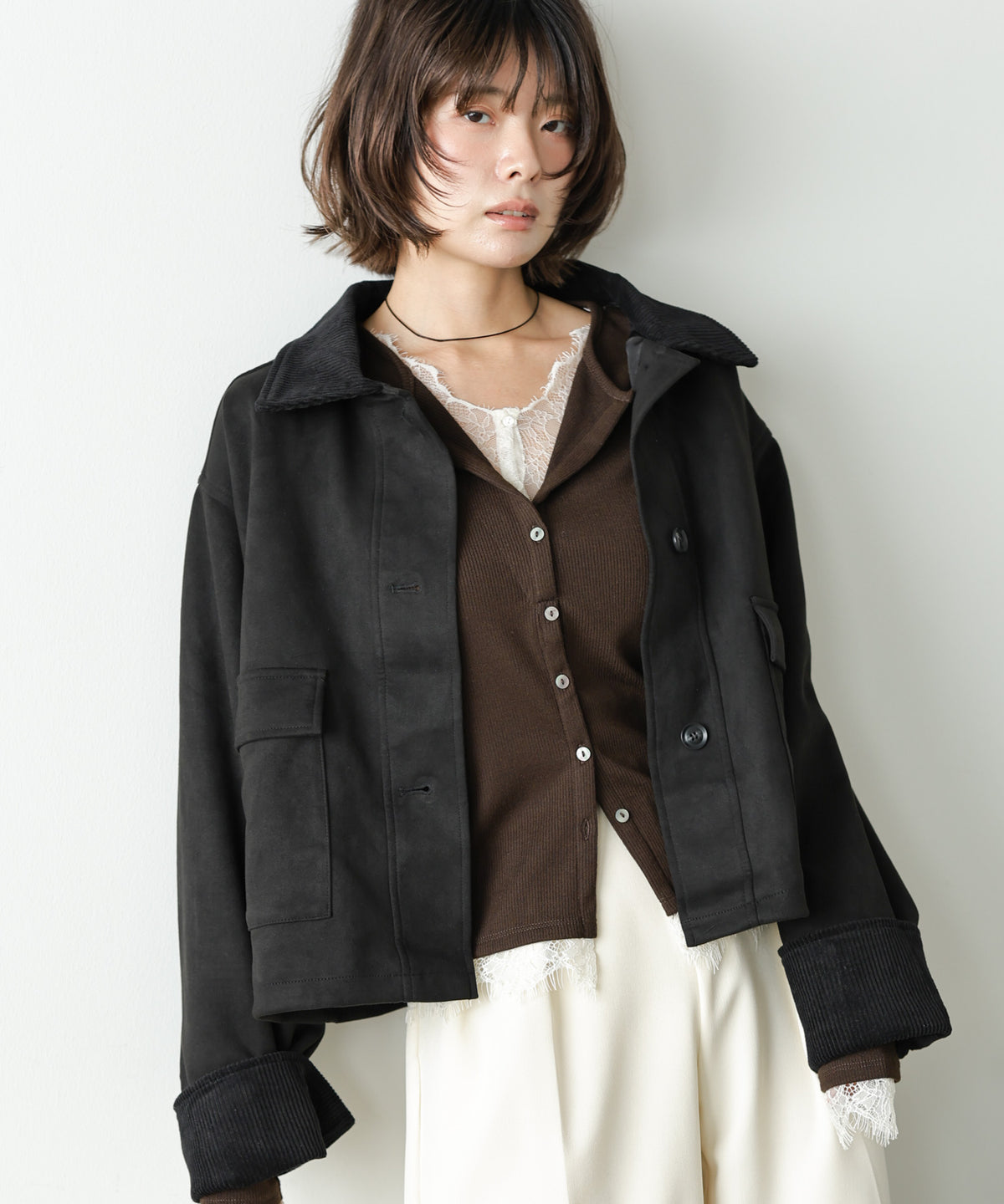 フェイクスエード×コーデュロイショートカバーオール